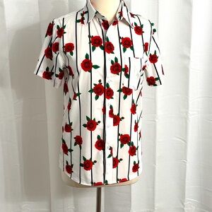 Just Attitude Men's Short Sleeve Front Button Down Red Roses Shirt, White Size S